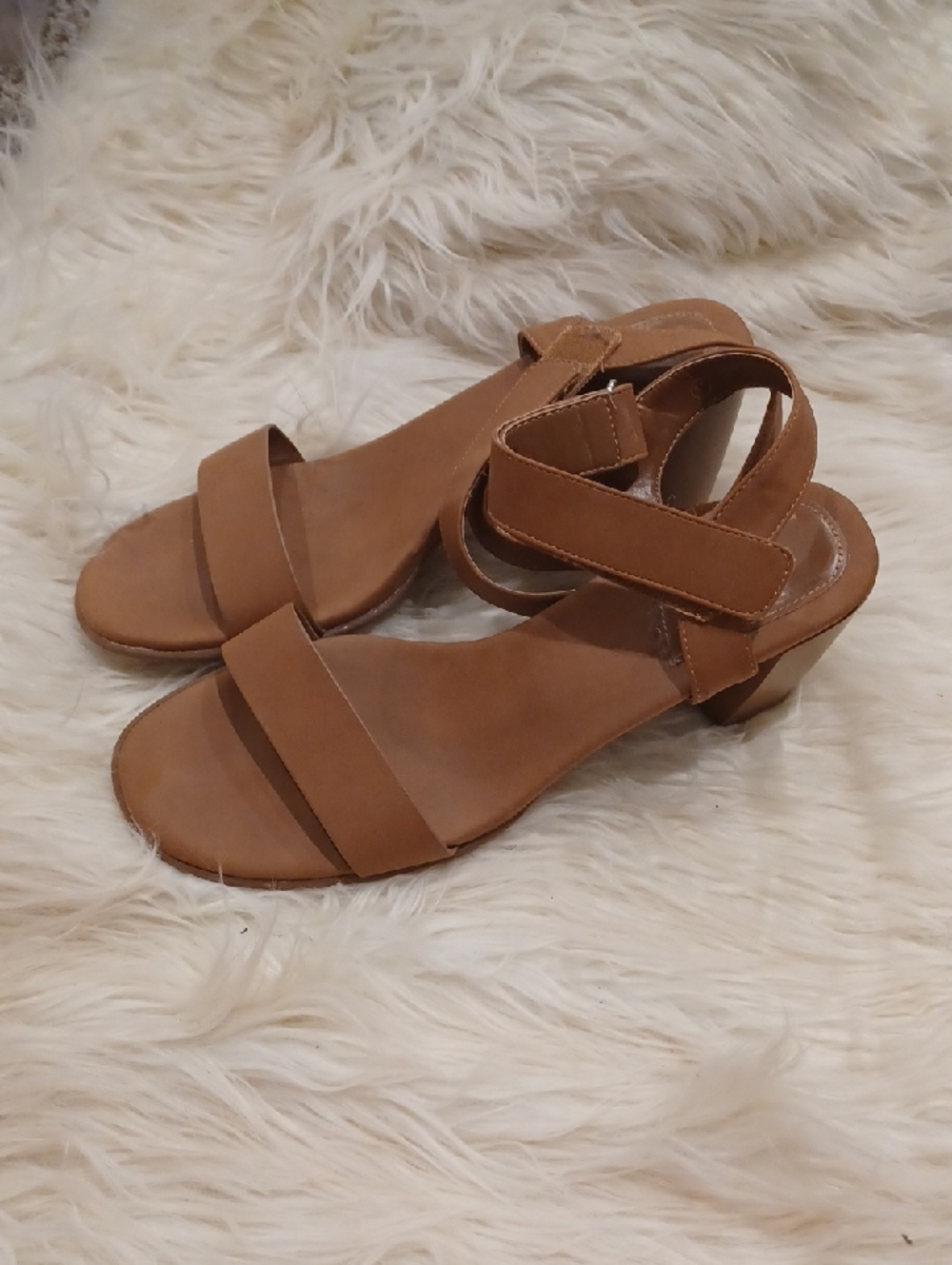 Women's Tan Strappy Low Block Heel Sandals